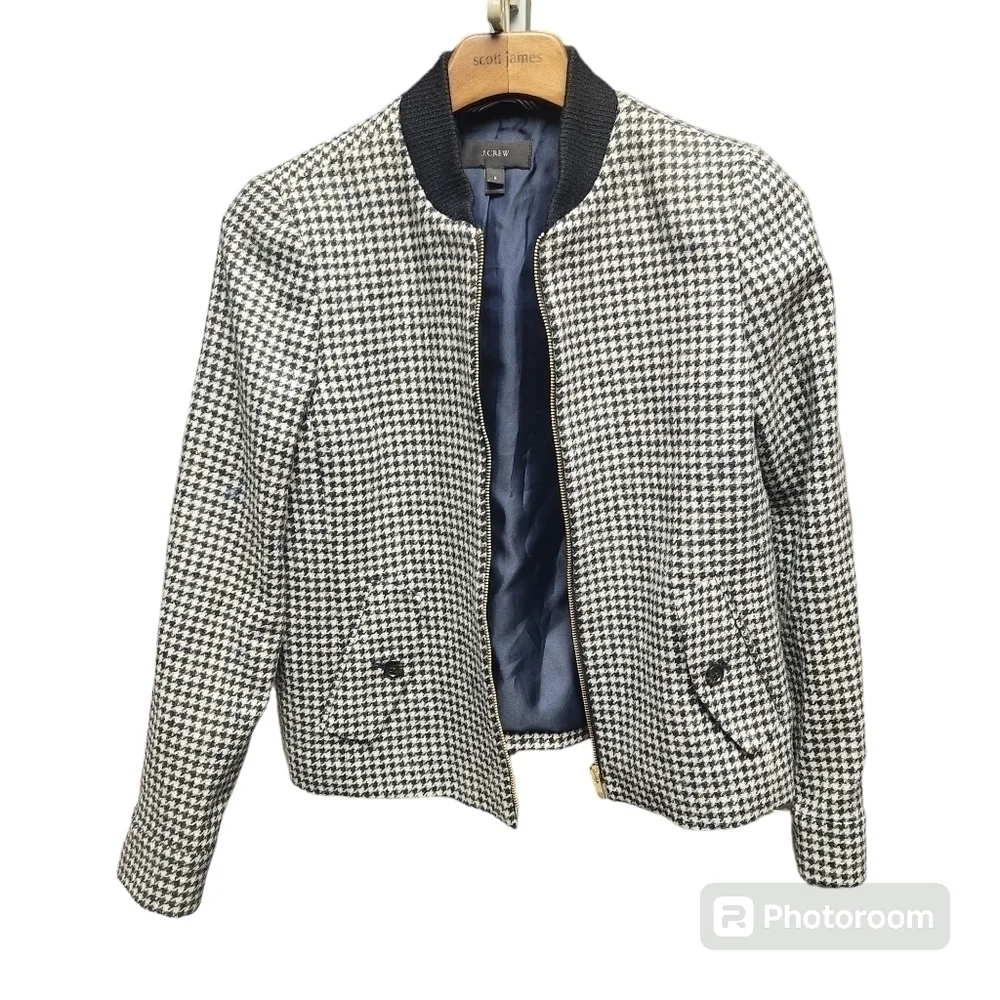 J.Crew Houndstooth Bomber Jacket Sz. S Preppy Wool